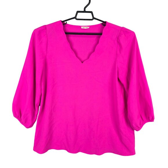 Womens Jodifl Fuchia Pink Scalloped V-Neck Blouse 3/4 Sleeve 100% Polyester L - Picture 1 of 8
